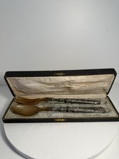 Ancien Couvert à Salade Corne Métal Argenté en Coffret Vintage