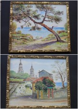 CÔTE D'AZUR PAIRE D AQUARELLES Signée LEBERRE 1959 MENTON France Nice Mer Pin