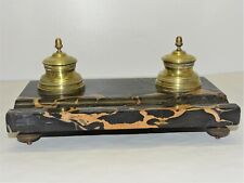 -BEL ENCRIER XIXe MARBRE NOIR Veiné Orange 2 ENCRIERS BRONZE style EMPIRE bureau