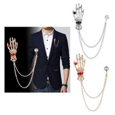 Mens Strass Crâne Main Squelette Suspendus Chaîne épinglette Broche Costume