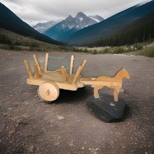 Ancien jouet modèle charrette en bois et son cheval vintage