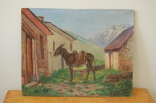 Ancienne peinture à l'huile signée, à identifier  , montagne , Âne