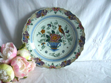 Ancienne assiette plat mural faience polychrome Delfts oiseaux fleurs 32cm