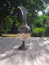 Aiguière Ancienne en Verre Et Étain, décor Floral.