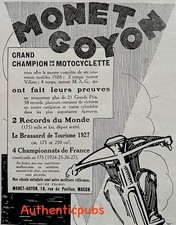 PUBLICITE MONET & GOYON CHAMPION MOTOCYCLETTE MOTO RECORD DU MONDE DE 1929 AD