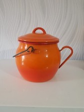 Superbe ancienne Petite Marmite "Belgium" Fonte Emaillee Orange a Cheminée Poêle