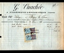VILLENEUVE-L'ARCHEVEQUE (89 Yonne) BOULETS & CHARBON "G. OUACHEE" en 1923