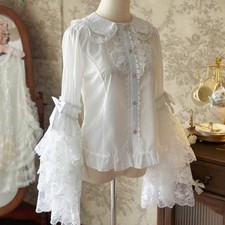 Blouse Tops Fille Lolita À Volants En Dentelle À Manches Évasées Blanches