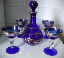 Service Carafe et 4 Coupes en Verre ou Cristal Bleu et Tour Doré & Argenté