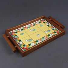 Plateau Rectangulaire Bois Avec Carrelage Céramique Thème Pomme Vintage 1960