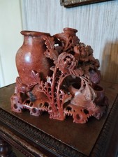 Statuette en Pierre de Lard à Décor de Fleurs de Pivoine et Volatiles Chine