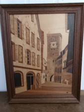 Ancien Tableau marqueterie cadre bois RIBEAUVILLE signé WD WUNDERLICH DANIEL