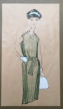 Dessin Original Pastel Croquis Mode Couture Robe Collection De Wurtemberg 1960s