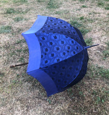 Antique French Victorian Electric Blue Silk  Black Lace Gold Band Lady Parasol