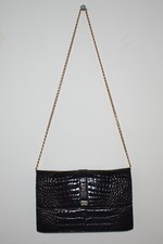 Lancel, SUPERBE Sac pochette porté épaule en cuir noir façon crocodile, vintage