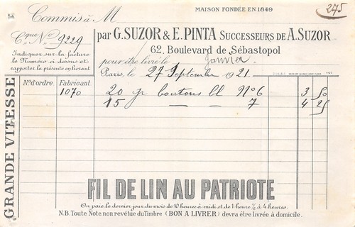 Facture 1921 suzor - 1921, g.suzor
