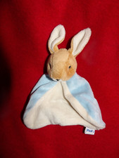 Doudou Plat PICOT 2 Lapin Cape Bleu Blanc Crème Tête Beige Brodé Noir