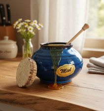 Pot à Miel Bleue en Grès  - "Miel" - Fabriqué en France - Poterie Vintage