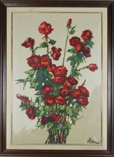 NATURE MORTE AVEC ROSES. HUILE SUR TOILE. SIGNÉ SERRANO. XXE SIÈCLE.