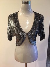ZARA SILVER SEQUIN BEADED EMBELLISHED BOLERO BLAZER COAT JACKET KIMONO M NWT