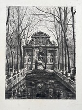 Gravure Ancienne Signée, La Fontaine Médicis, Jardin du Luxembourg, Paris