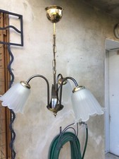 Lampe Suspension Laiton 3 Bras Col Cygne Tulipes Pâte Verre Ancienne Rétro