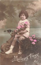 CP MEILLEURS VOEUX ENFANTS AVEC ROSES FLEURS BANC - 13018