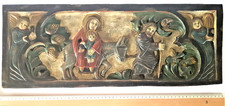 Tableau, ancien panneau polychrome, bas relief en bois scène biblique, la fuite.