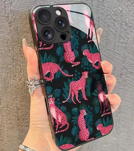 Pink leopard green - leopard, leaves