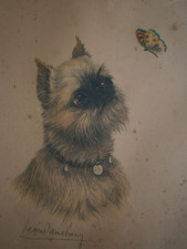 Lithographie Léon Danchin Chien Pékinois et Papillon déco 1930 Animalier