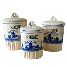 3 pots à épices anciens céramique motif moulin bleu style Delft Farine Café