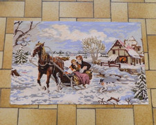 Vintage Tapisserie Traîneau Chevaux Hivernale Couple Romantique France 73x47 cm