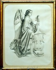 Très beau dessin mine de plomb 1869 , ange au violoncelle