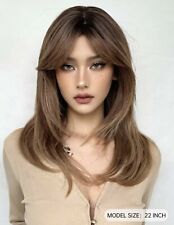 Perruque Synthétique Cheveux Mi Longs Frange Côté Brun Marron +4 Bonnet OFFERT