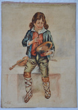 Aquarelle ancienne " enfant musicien " Violon
