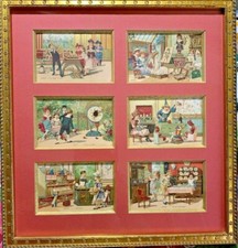 TABLEAU - BEL ENCADREMENT DORE - 34,2 cm x 36,2 cm 6 VIGNETTES CHROMO19 ème