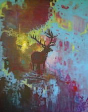 Tableau contemporain avec cerf à la rivière sur toile 150 x 120cm