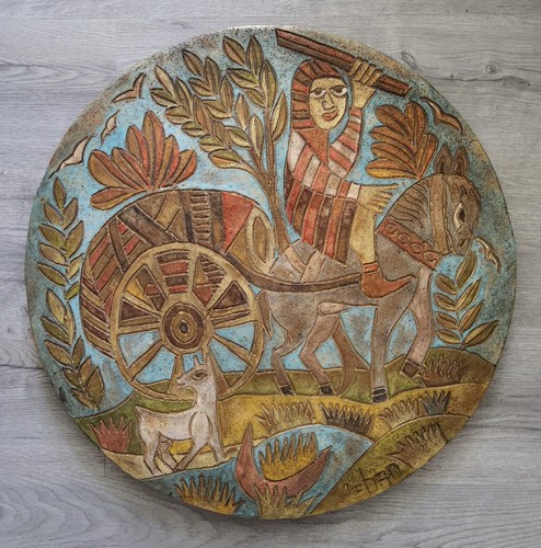 Panneau rond bois gravé - en, et