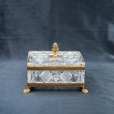 Antique Crystal Glass Box Bronze Ormolu Mounted on Paws with Acorn Finial