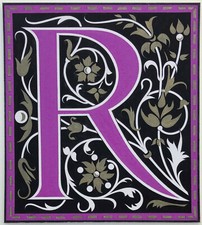 Gouache Originale Peinture Vintage Lettrine Lettre Initiale "R" Fleurs Arabesque