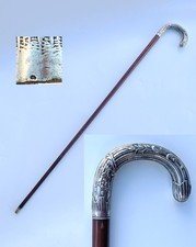 Canne ancienne à poignée fleurie en argent massif poinçon sanglier