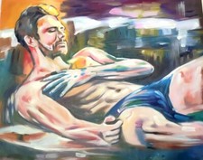 tableau peinture érotique huile sur toile homme nu intégrale / gay male painting