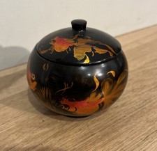 Petite Boîte Ronde En Bois Laqué Décor Poisson Carpe Koï Doré