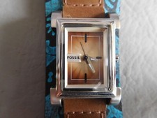 FOSSIL MONTRE BRACELET MANCHETTE CUIR MARRON GRISE ACIER RECTANGLE FEMME WATCH