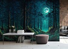 Fantaisie Forêt Photo Papier Peint 3x2.1m Chambre Nuit Arbres Lune Profond Aqua