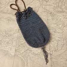 BOURSE SAC Maille Bleue Perles De Métal Fin XIXè Aumônière Pompons Napoléon III 