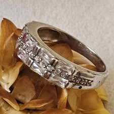 Bague Argent Rhodié 925 Sertie Zircons Baguette Forme Demi-alliance Taille 56