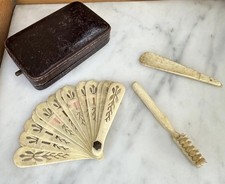 Ecrin Eventail miniature poupée mode ancienne antique fashion doll Jumeau os