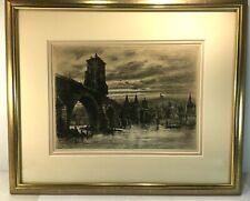 Superbe grande gravure de Johannès Drevet, ancien pont sur le Rhône à Lyon…1902