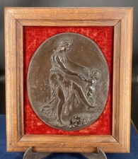 Bronze bas-relief signé Clodion 1773 ancien cadre velours rouge art 21,3x25,8cm